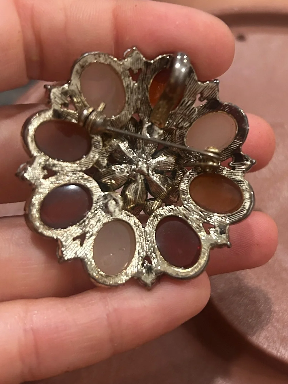 Vintage cabochon Flower Jelly Bean Rhinestone Convertible Brooch gold tone metal